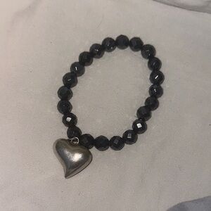 Black Beaded Bracelet with Silver Heart Charm